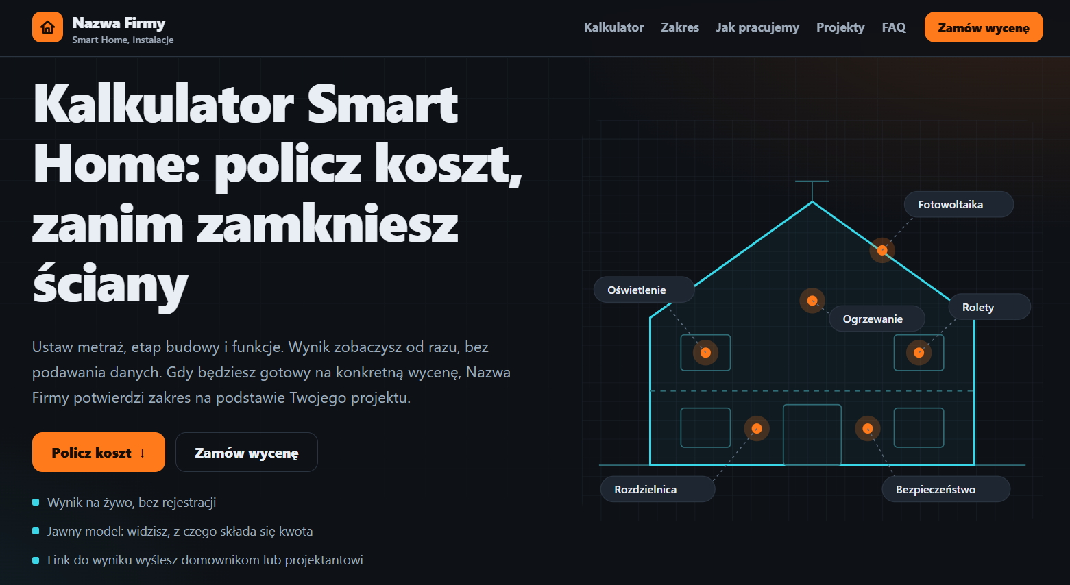 Konsola Instalatora Smart Home (Dark UI ze schematem domu SVG) oraz Portal Branżowy | DR:RANO